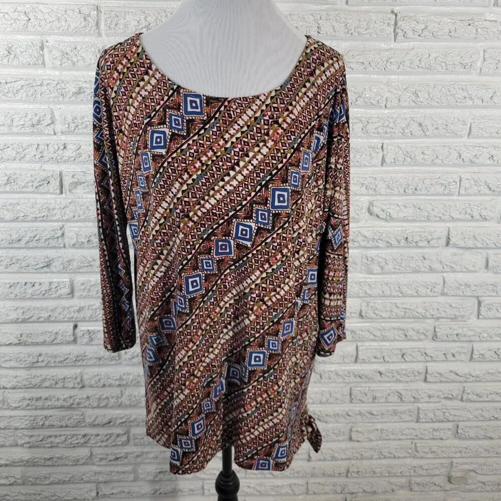 Carol Taylor Women's XL Brown Blue Geometric Dolman 3/4 Sleeve Pullover GEO185XE